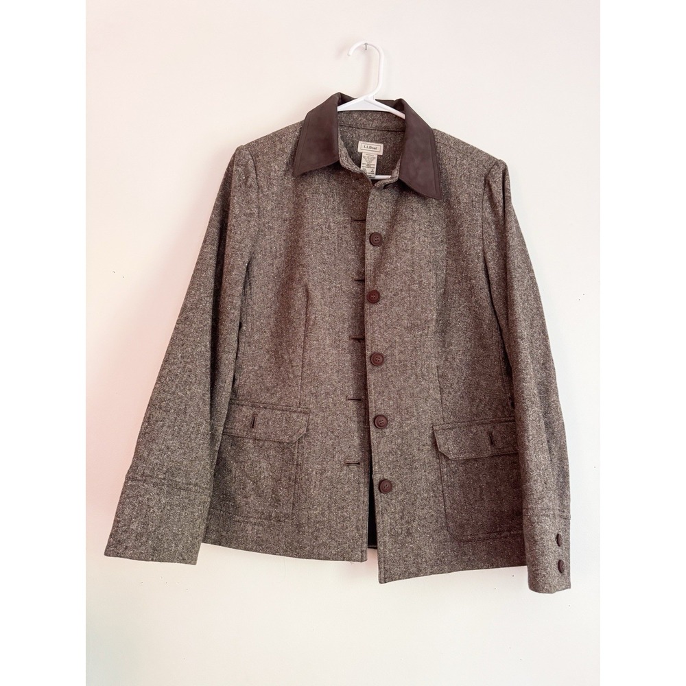 Vintage LL Bean Women's Tweed Jacket  Contrast Collar Size 10 Wool Blend Lined